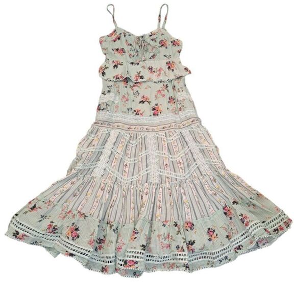 Hemant & Nandita Tiered Lace Mint Floral Boho Cottage Core Midi Dress Sz Small - Picture 2 of 10